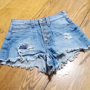 Guess Denim Womens  25 Blue Frayed Jean Shorts Raw Hem ? Button Fly Summer